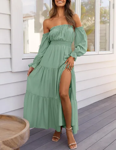 Miniatura 89 de ZESICA - Vestido largo, bohemio y sexy, con hombros descubiertos y manga larga fruncida, con elástico fruncido, cintura alta y abertura lateral