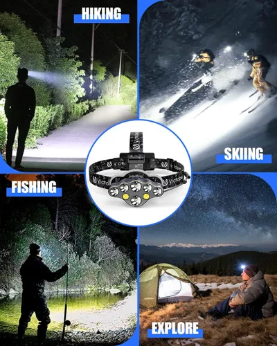 Miniatura 6 de Victoper - Linterna frontal recargable, 8 LED de 18000 lúmenes con luz roja, linterna frontal USB ligera, impermeable, de 8 modos, equipo para Negro