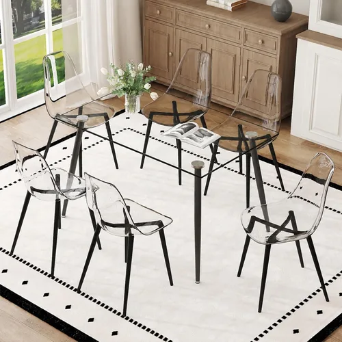 Miniatura 14 de Juego de mesa de comedor de vidrio Ebullient para 4, mesa de 51" de vidrio templado transparente con patas de metal negro y 4 sillas de acrílico