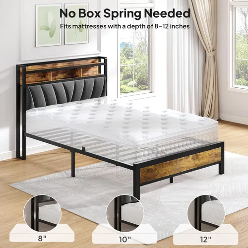 Miniatura 8 de Welzona Base de cama de tamaño matrimonial con estación de carga, cama LED con cabecera de almacenamiento tapizada, sólida y estable, sin ruido,