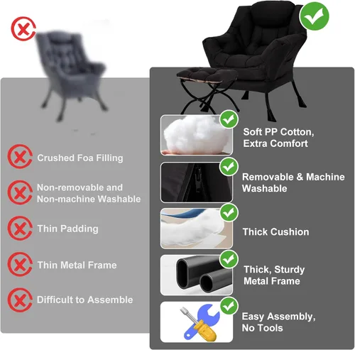 Miniatura 9 de Furlide Silla Perezosa Moderna con Reposapiés Plegable, Sillón de Descanso y Cómoda Silla de Lectura (Negro)