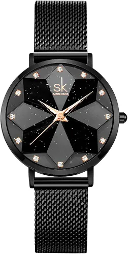 SHENGKE Reloj creativo ultra delgado minimalista con esfera de flores de cielo estrellado para mujer con correa de malla de acero inoxidable de