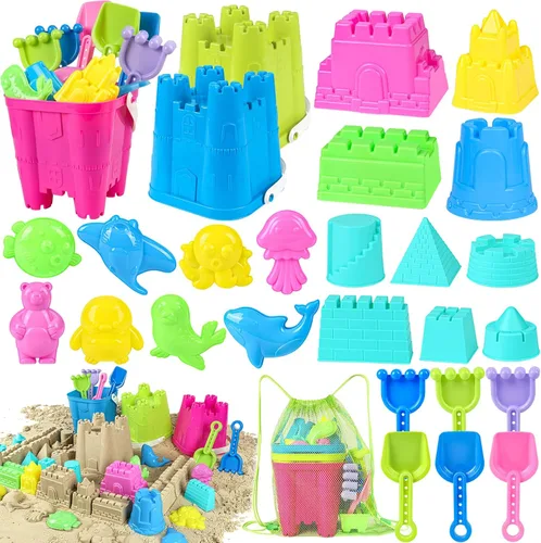 KUBUSFLY Juguetes de playa para niños pequeños, juguetes de castillo de arena con 3 cubos, 6 palas, bolsa de malla y moldes para caja de arena,