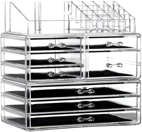 Cq Acrylic Paquete de 3 organizadores de maquillaje transparentes – Organizador apilable de 8 cajones para tocador, escritorio, joyas, productos de