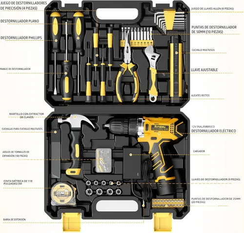 Miniatura 2 de Sundpey Kit de herramientas para el hogar con taladro – Juego de herramientas de reparación general básica para el hogar con taladro eléctrico