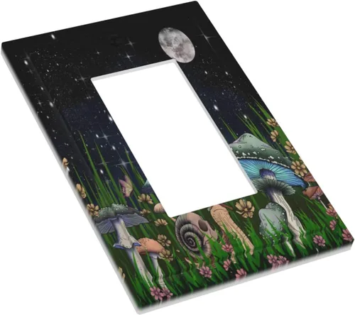 Miniatura 3 de Placa decorativa de pared con diseño de hongos, plantas, hojas, caracoles, luna, luz de luna, bosque de 1 banda, placa de pared decorativa GFCI