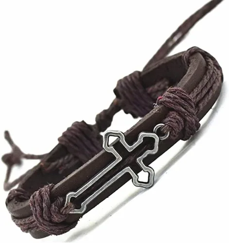 Miniatura 9 de brazalete negro con forma de cruz de cuero genuino para hombre