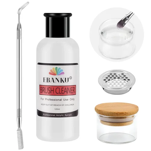 EBANKU Limpiador de pinceles de uñas acrílico de 4.1 fl oz, 3 en 1, cepillo de uñas, solución limpiadora de cepillo de uñas, limpieza rápida con