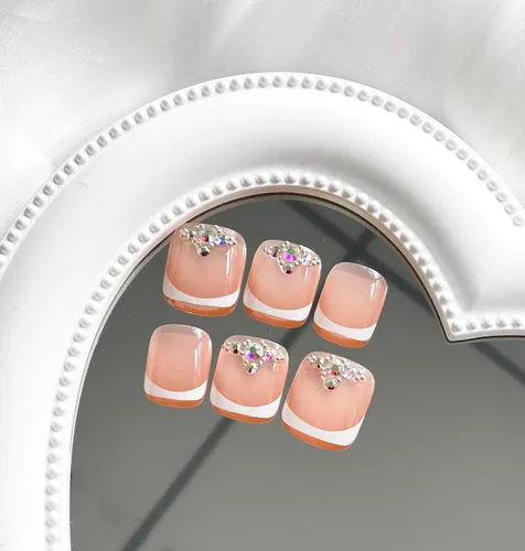 Miniatura 3 de Uñas postizas cuadradas a presión, uñas cortas MABKJLF blancas francesas de los pies, uñas postizas de verano brillantes con diamantes de imitación