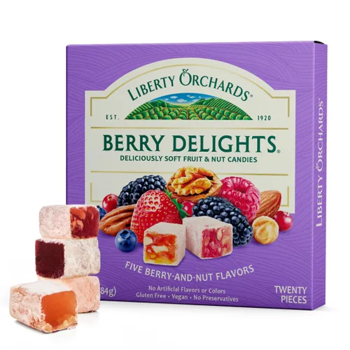 Liberty Orchards, Berry Delights – Surtido de bocadillos veganos de bayas, sin gluten, nueces Lokum fresa, arándano nuez delicia turca dulces caja