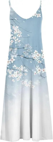 Miniatura 4 de Vestidos florales para mujer 2023 2024, sin mangas, dobladillo fluido, vestido largo fruncido con cuello en V, vestidos de sol, vestido suelto