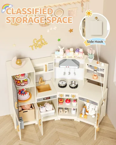 Miniatura 6 de MAMIZO Cocina de Juego de Esquina de Madera, Gran Juego de Cocina Interactivo Definitivo para Niños Pequeños de Simulación con Pizarra, Estufa