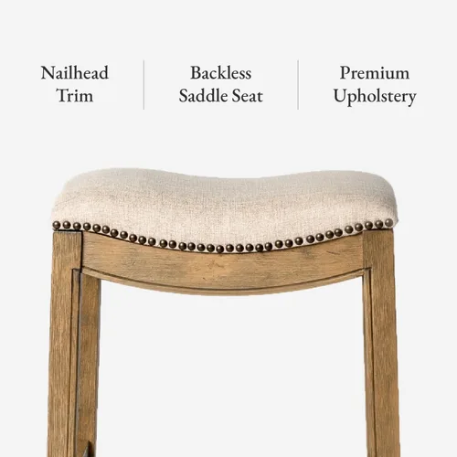 Miniatura 4 de Maven Lane Taburete de bar Adrien sin respaldo – Asiento de sillín de 31 pulgadas con reposapiés – Estructura de madera maciza natural y tapizado