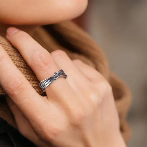 Miniatura 2 de Bestyle Anillos antiguos de ala de ángel para mujeres y hombres, anillos de banda de plumas de guardián, anillos de promesa de pareja