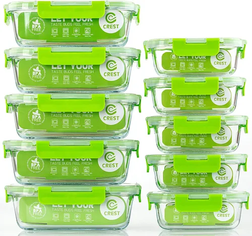 Miniatura 13 de C CREST [Paquete de 10] Contenedores de vidrio para almacenamiento de alimentos con tapas, herméticos, sin BPA, recipientes de preparación de Verde