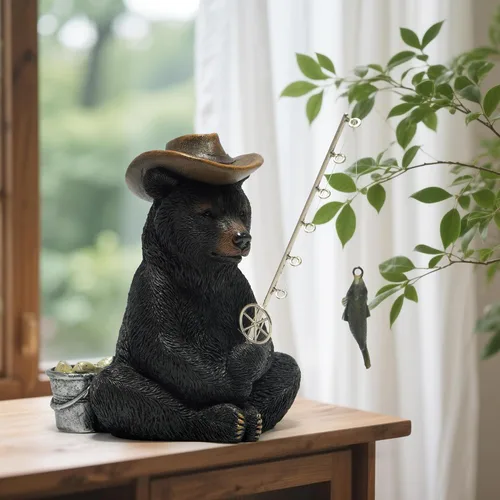 Miniatura 4 de Hodao Figuras de pesca de oso negro, decoración de oso de verano, manualidades para decoración de escritorio de oficina en casa, estatua