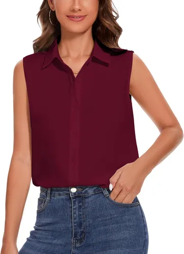 Miniatura 17 de YAMANMAN Camisa sin mangas con botones para mujer, blusa clásica con cuello redondo, camiseta básica de gasa para el trabajo y la oficina