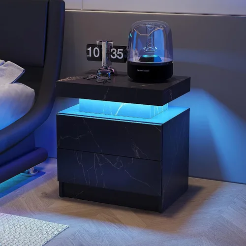 Miniatura 5 de Mesita de noche LED para dormitorio, moderna madera con 2 cajones, mesita de noche negra y dorada, mesa auxiliar con luz LED ajustable