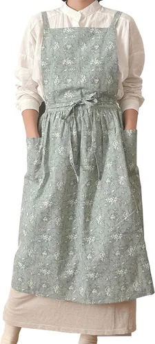Miniatura 10 de Delantal japonés de algodón con espalda cruzada para mujer con bolsillos A1-café Floral