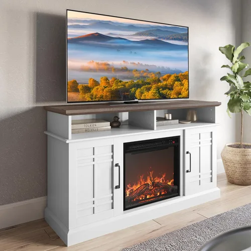 Miniatura 11 de BELLEZE Mueble TV, 48 pulgadas, con chimenea eléctrica funcional de 18 pulgadas, moderno, para TV de máx. 50 pulgadas, estantes abiertos y armarios