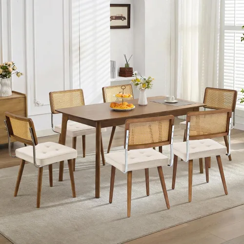Miniatura 9 de GarveeHome Juego de 2 sillas de comedor de ratán natural, sillas de cocina tapizadas de lino con respaldo alto de caña y patas de madera fuertes