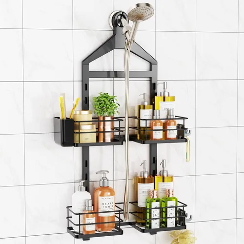 ODesign Organizador de ducha de 2 niveles de altura ajustable, organizador de almacenamiento de estantes de baño, cesta de color negro