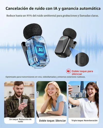 Miniatura 6 de Mini micrófono inalámbrico Lavalier para iPhone y cámara Android, micrófonos inalámbricos de doble canal con cancelación de ruido AI, rango de 328