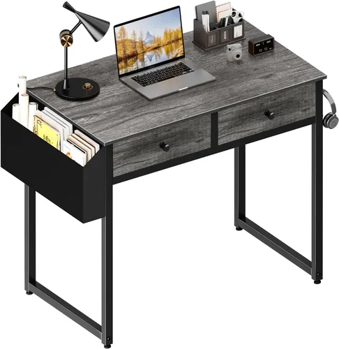 Miniatura 12 de Lufeiya - Escritorio con cajones para dormitorio, oficina en casa, con 3 cajones de almacenamiento de tela y bolsillo, mesa de estudio para Marrón