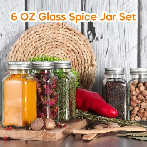 Miniatura 6 de 16 paquetes de tarros de especias de vidrio de 6 onzas con 80 etiquetas negras, recipientes cuadrados vacíos de 180 ml para condimentos, botellas