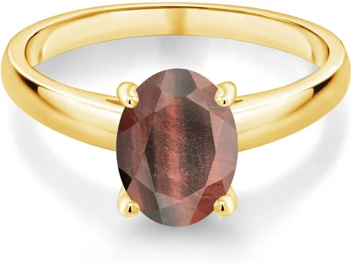 Miniatura 2 de Gem Stone King Anillo ovalado de oro amarillo de 10 quilates con ojo de tigre rojo