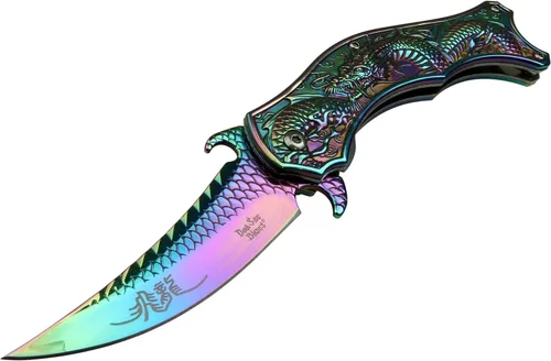 Miniatura 2 de Dark Side Ballistics - Cuchillo plegable asistido por resorte - Hoja y mango de acero inoxidable recubierto de Rainbow TiNite, tema de dragón, clip