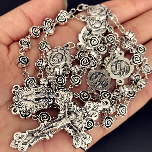 Miniatura 6 de elegantmedical Hecho a mano vintage plata rosa cuentas rosario católico collar cruz caja de regalo Italia crucifijo, Plata
