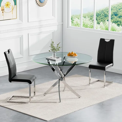 Juego de mesa redonda de comedor para 2, juego de mesa de comedor de 3 piezas con mesa de comedor de vidrio plateado de 36 pulgadas y 2 sillas