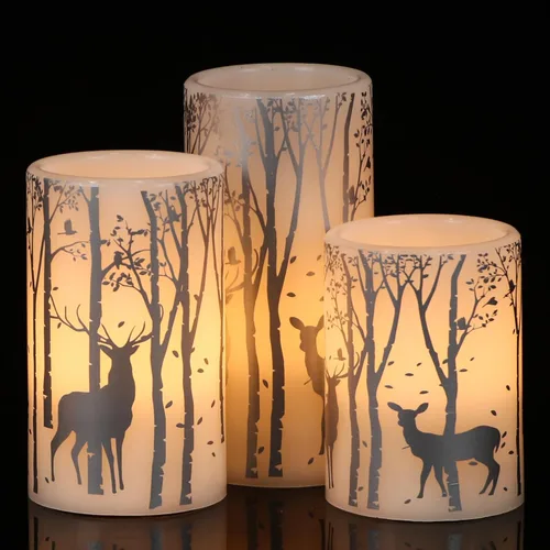 Miniatura 14 de GenSwin Velas parpadeantes sin llama que funcionan con pilas con temporizador de 6 horas, velas LED de cera real, calcomanías de ciervo, luz cálida