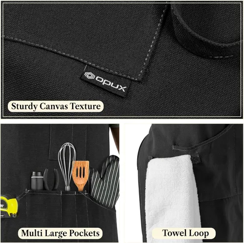 Miniatura 3 de opux Delantal de chef para hombres, delantal de cocina con bolsillos para mujer, delantal grande de lona unisex para cocinar, asar a la parrilla