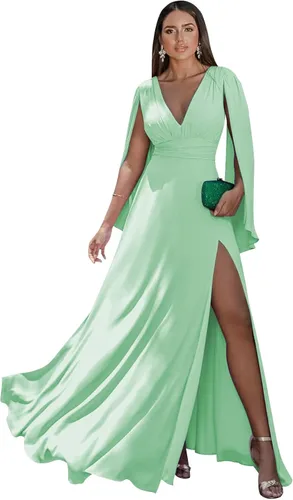 Miniatura 15 de Women's Long Sleeve Bridesmaid Dresses V-Neck Chiffon Ruched Formal Dress Evening Gown with Slit
