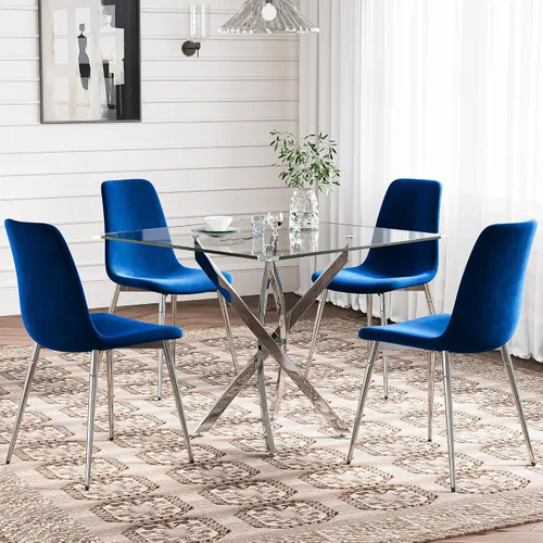 Miniatura 22 de Juego de mesa de comedor de cristal para 4, juego de mesa de cocina redonda dorada de 5 piezas con 4 sillas tapizadas negras, mesa de comedor