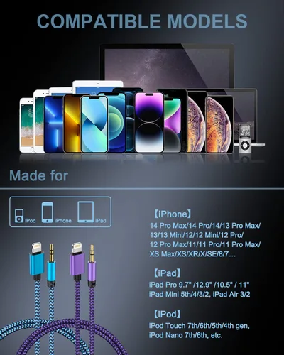 Miniatura 7 de [Paquete de 2/3.3 pies] Cable auxiliar Lightning a 3.5mm para iPhone, [certificado Apple Mfi] Cable de audio auxiliar para iPhone para coche, hogar