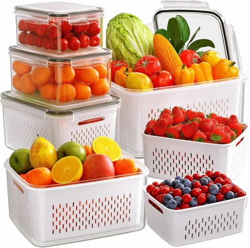 Miniatura 8 de Paquete de 5 recipientes de almacenamiento de frutas para refrigerador con coladores extraíbles, 4 en 1 contenedores de almacenamiento de productos