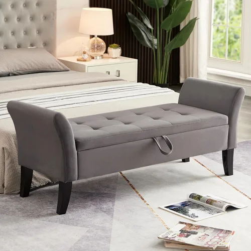 Miniatura 9 de NIOIIKIT Banco otomano tapizado de terciopelo de 51.5 pies con parte superior abatible, banco largo para dormitorio o sala de estar (beige)