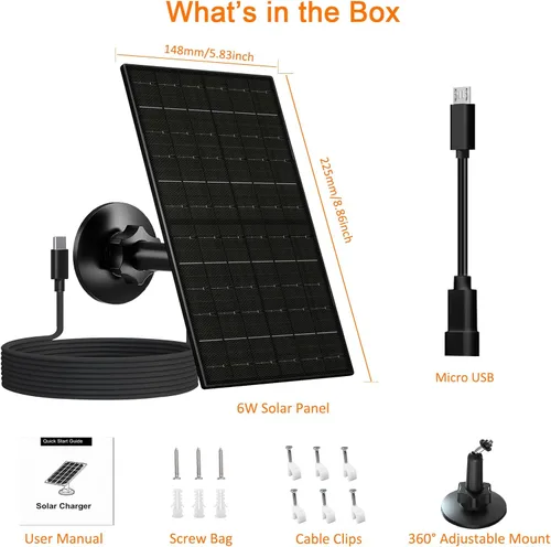 Miniatura 8 de FUTUREZEN Panel solar de 6 W para cámara de seguridad al aire libre, cargador solar USB/USB-C de 5 V compatible con cámaras de batería recargable