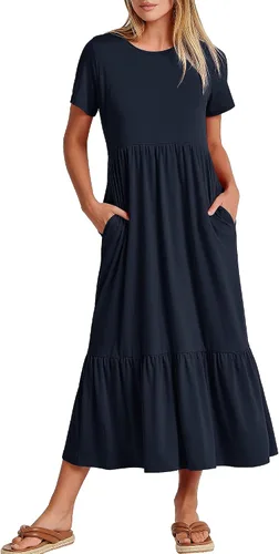 ANRABESS - Vestido largo informal para verano, para mujer, acampanado, escalonado, de manga corta, con cuello redondo, vestido largo tipo camiseta