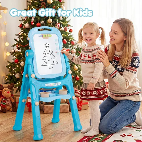 Miniatura 8 de Costzon 4-in-1 Height Adjustable Art Easel for Kids Magnetic Chalkboard & Whiteboard w/ Storage Tray and Detachable Design, No-Tool Assembly, Gift