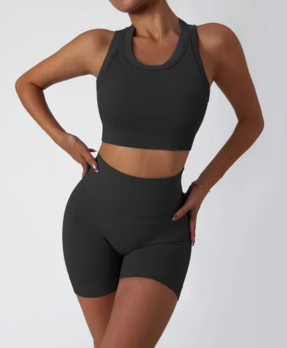 Miniatura 105 de Conjuntos de entrenamiento para mujer, 2 piezas, sin costuras, acanalada, sin mangas, brasier deportivo, cintura alta, pantalones cortos