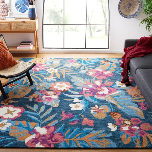 Miniatura 7 de SAFAVIEH Jardin Collection Alfombra de pasillo, 2 pies 3 pulgadas x 8 pies, azul y rosa, lana floral hecha a mano, ideal para zonas de alto tráfico