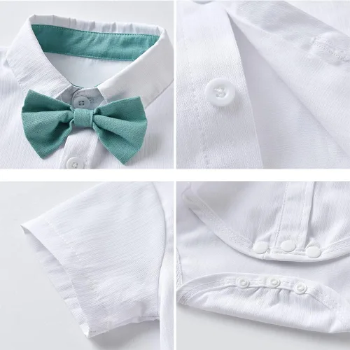 Miniatura 8 de Conjunto de traje de caballero de manga corta para bebé niño con corbatín + pantalones cortos con tirantes y pantalones cortos para bautizo festivo