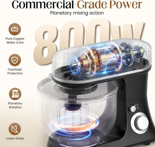 Miniatura 2 de Batidora de pie de 800 W con cuenco de 5.3 cuartos de galón, batidora de cocina eléctrica de 6 velocidades con pulso, batidora de alimentos con Negro