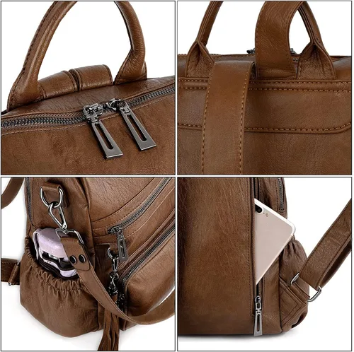 Miniatura 4 de UTO Mochila de cuero vegano para mujer, diseño de moda, convertible con borla, para viajes, con borla