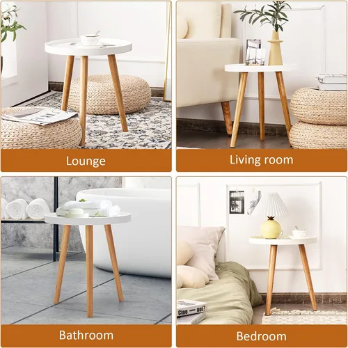 Miniatura 6 de Mesa auxiliar redonda, mesa auxiliar moderna con bandeja de madera anticaída, mesa de centro redonda para sala de estar, dormitorio, color blanco (1)