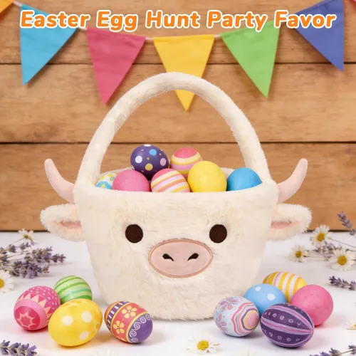 Miniatura 2 de Cesta de Pascua - Cestas de felpa de vaca blanca de Pascua para niños, suaves y vacías para caza de huevos con asa, lindas decoraciones de dulces